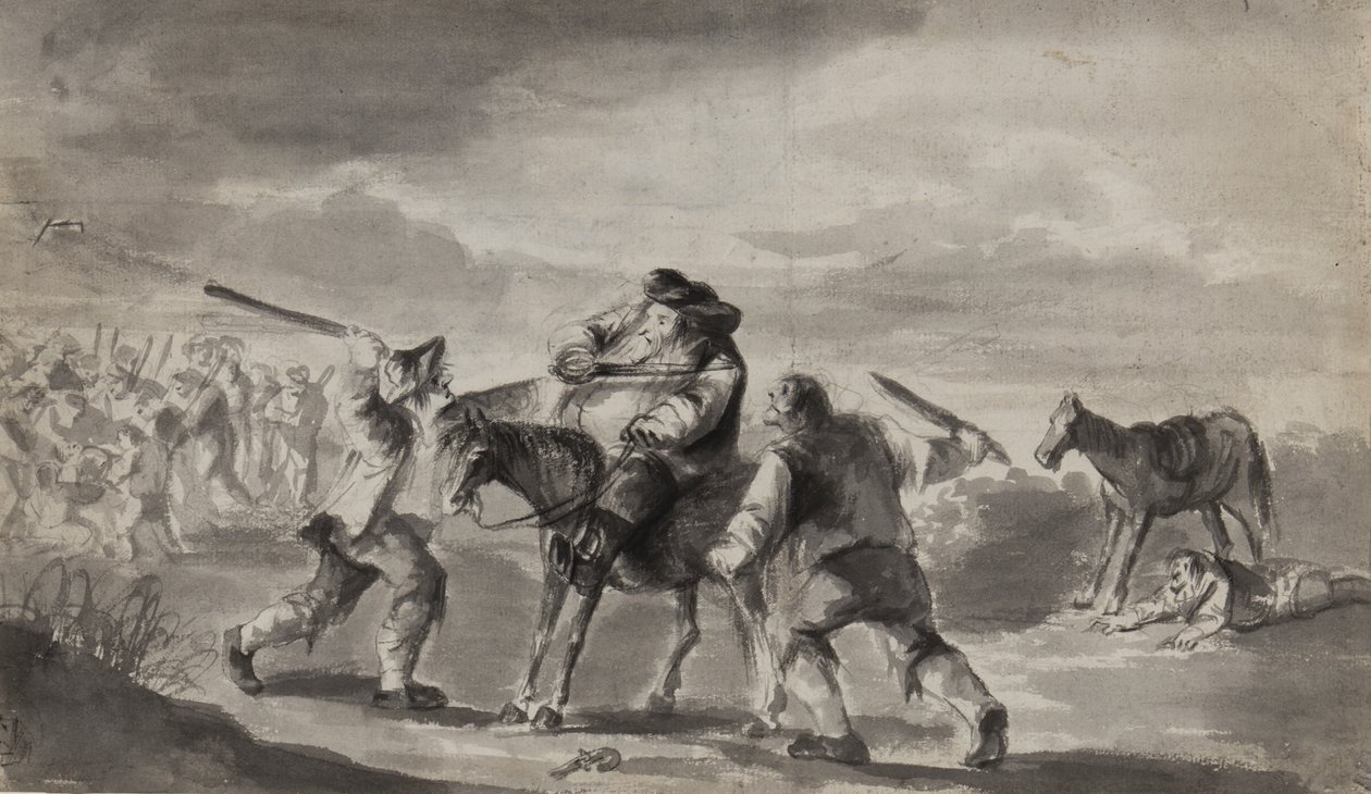 Rejsende overfaldet, muligvis Samuel Butlers Hudibras, ca. 1790 (pen, pensel og blæk på papir) af Unbekannt Unbekannt