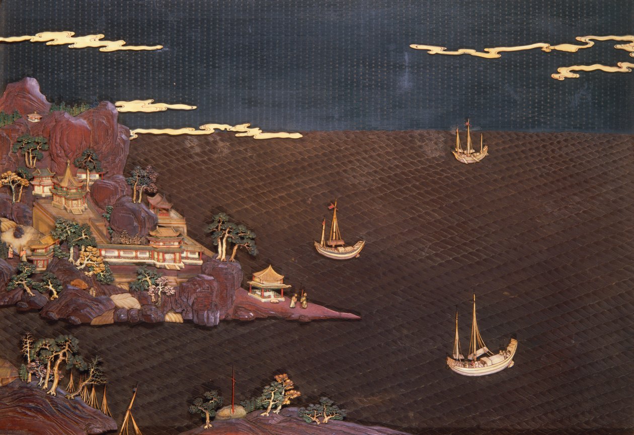 Bakke med marinescene taget fra et moderne print, blearbejde, ca. 1785 (lak) af Unbekannt Unbekannt