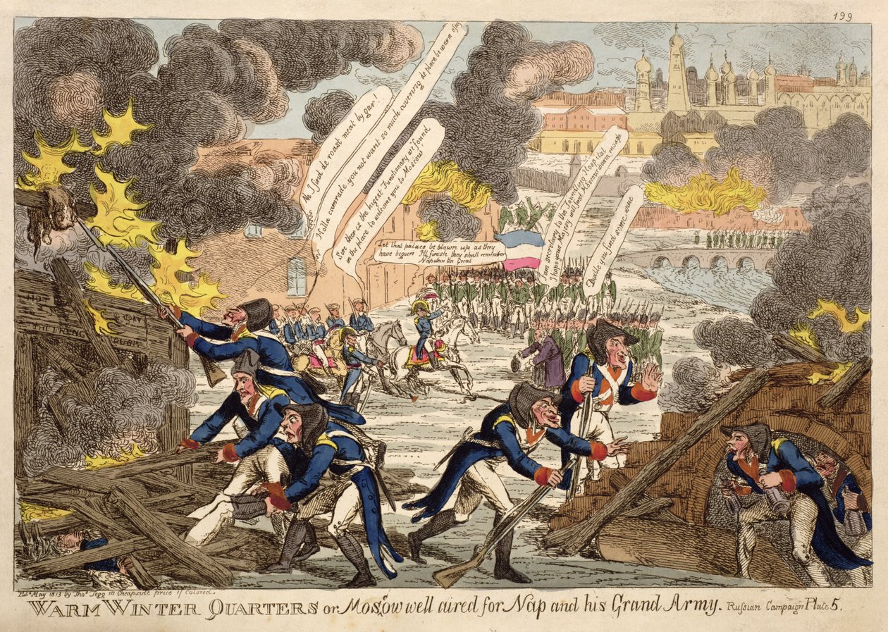 Warm Winter Quarters eller Moskva veludsendt for Napoleon og hans store hær af Williams, fra en serie med titlen den russiske kampagne maj 1813 af Unbekannt Unbekannt