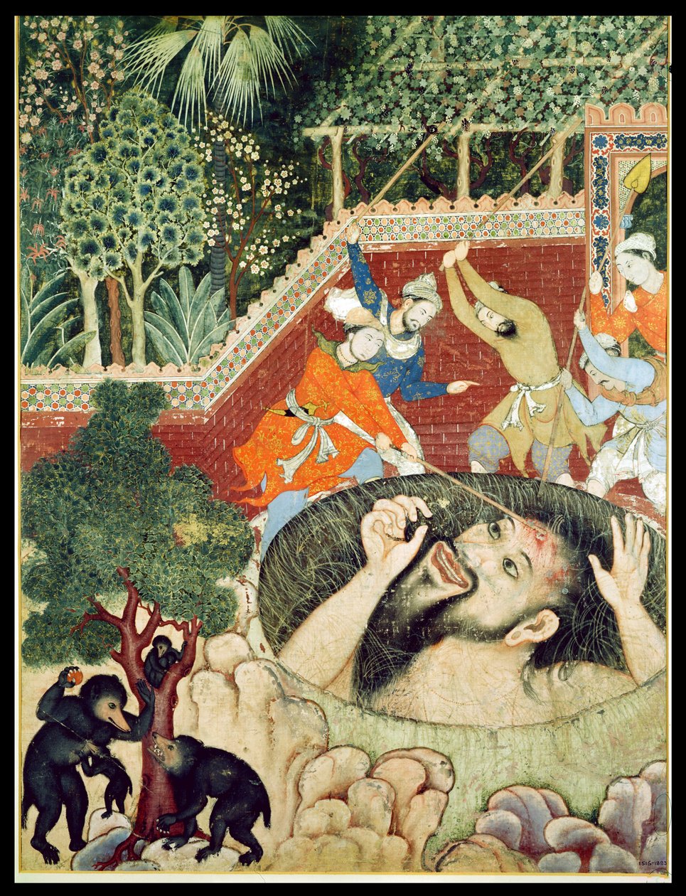 Zumrud Shah falder i et hul og bliver slået af gartnere, fra Hamzanama (Bog om Hamza), fra Indien eller Pakistan, ca. 1562-77 (ugennemsigtigt toilet på bomuld) af Unbekannt Unbekannt