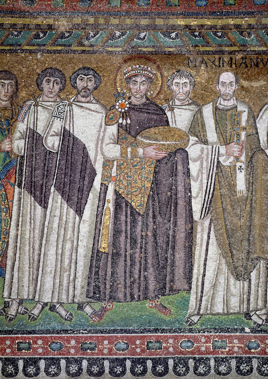 Justinian I og hans følge, detalje af kejseren, ca. 547 e.Kr af Unbekannt Unbekannt