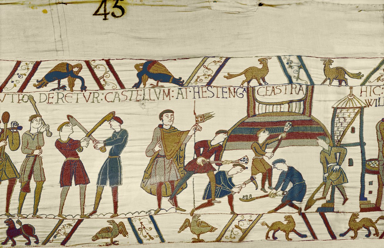 Normannerne bygger befæstninger ved Hastings, Bayeux-tapetet af Unbekannt Unbekannt