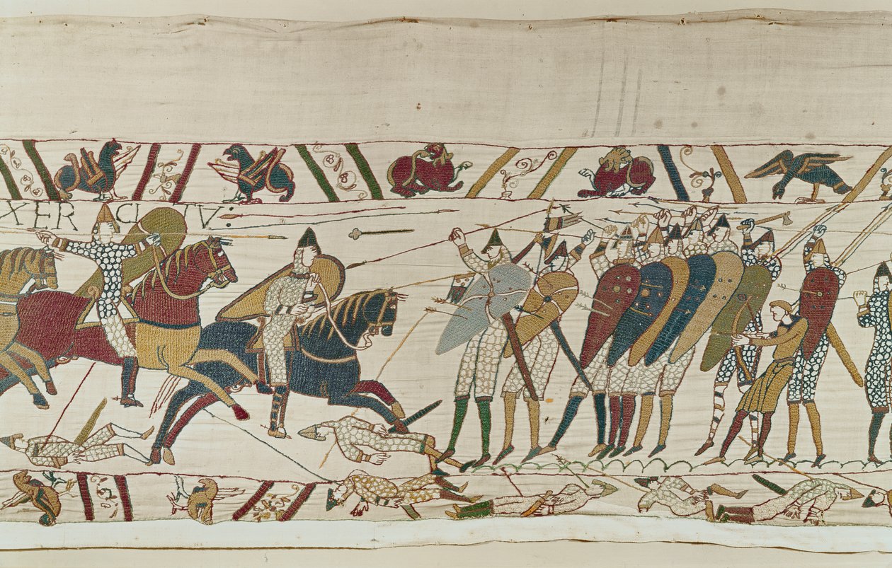 Slaget sluttes, da normannisk kavaleri angriber den engelske skjoldmur, Bayeux Tapestry af Unbekannt Unbekannt