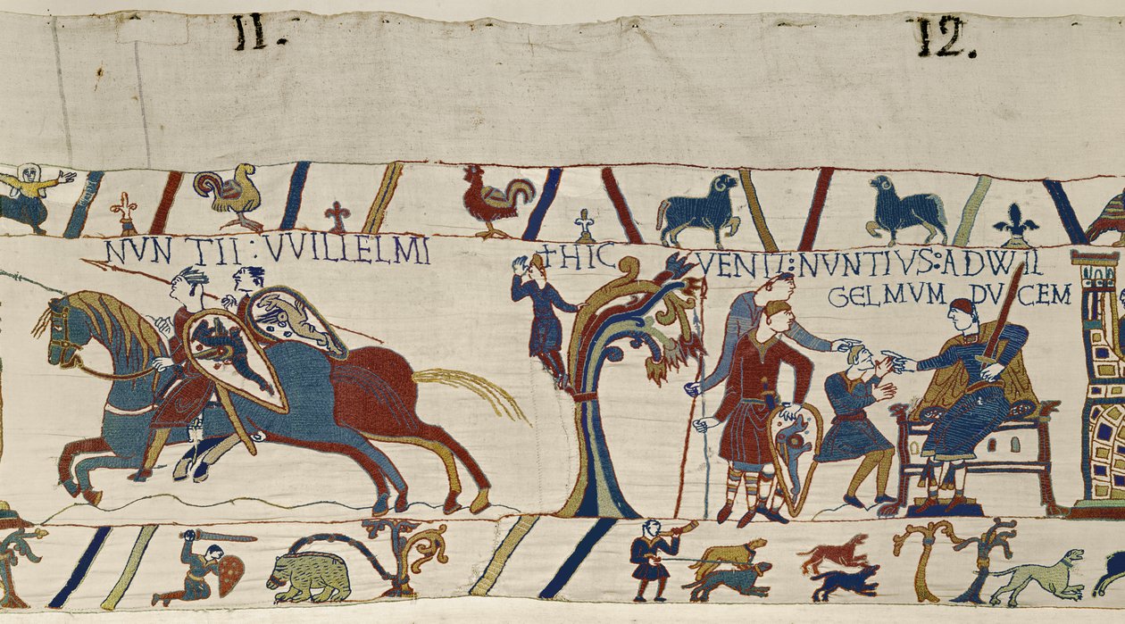 Bevæbnede ryttere fra Duke William ankommer for at eskortere Harold til ham, Bayeux Tapestry af Unbekannt Unbekannt