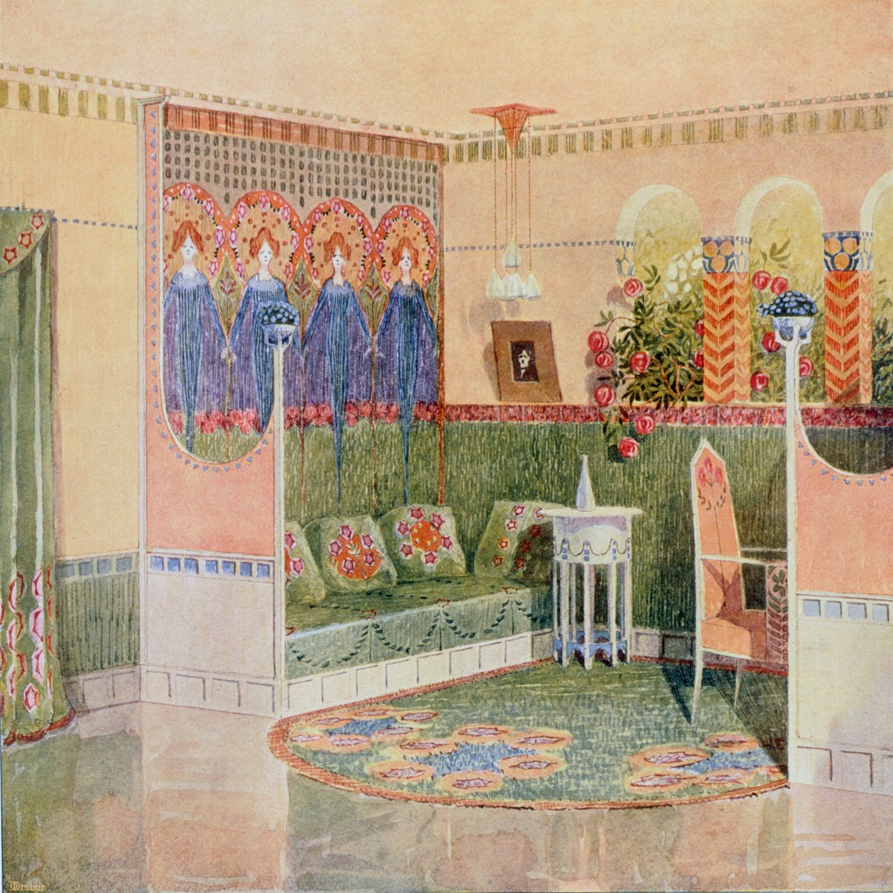 Boudoir, fra en villa i Helsinki designet af arkitektpraksisen Gesellius, Lindgren & Saarinen, fra "Documents d"Art Moderne", 1903 af Unbekannt Unbekannt