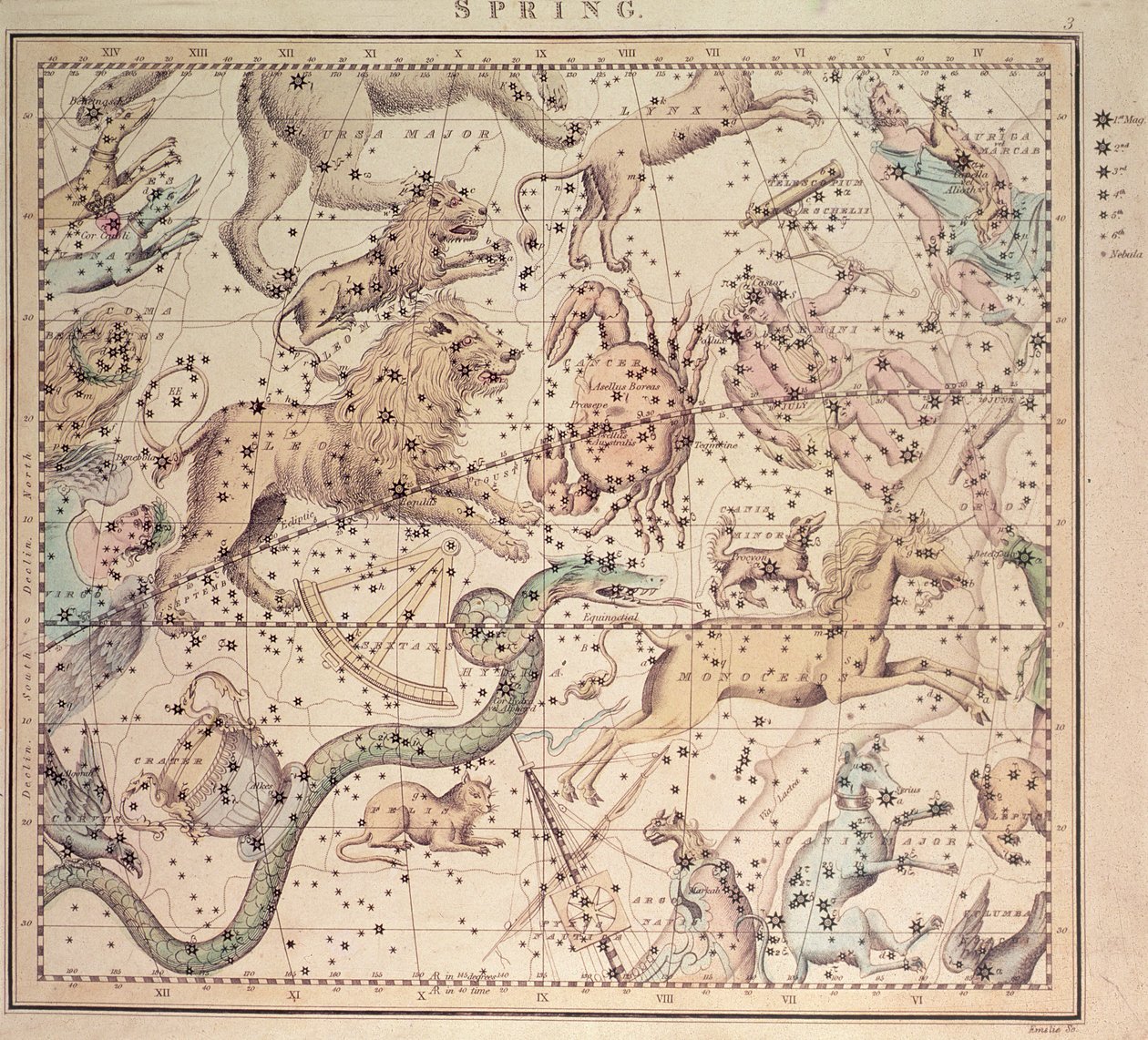 Himmelkort: Forår, der viser stjernetegn, astrologiske instrumenter og stjernernes positioner, indgraveret af John Emslie af Unbekannt Unbekannt