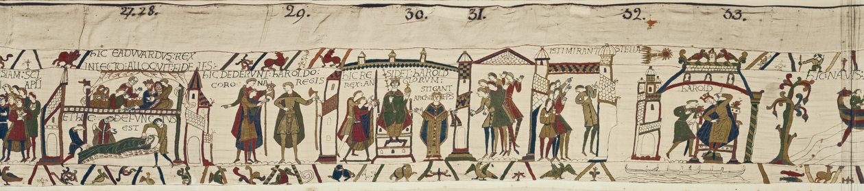 Edward Bekenderens død og kroning af Harold, men en ildevarslende stjerne dukker op, Bayeux Tapestry af Unbekannt Unbekannt