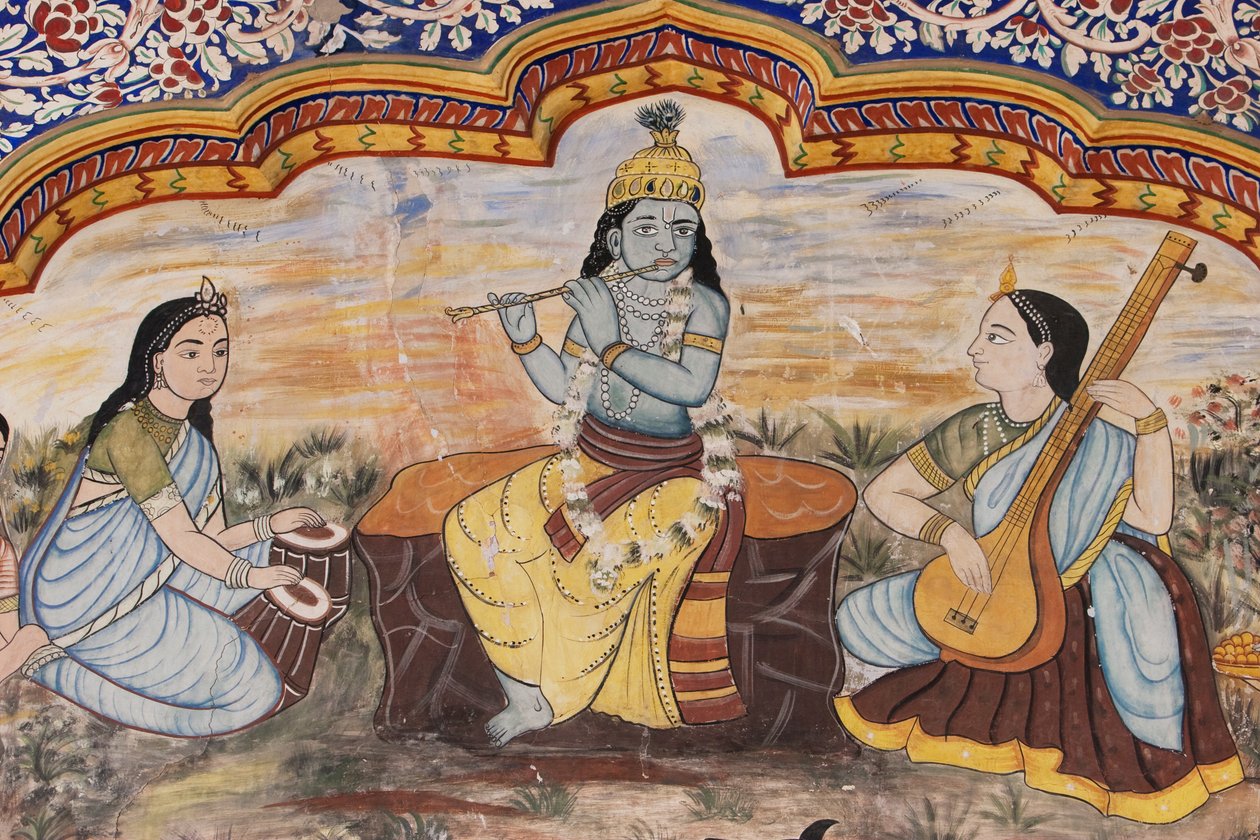 Detalje af malerier langs gården til Nawalgarh Podar Haveli Museum, Nawalgarh, Rajasthan, Indien af Unbekannt Unbekannt