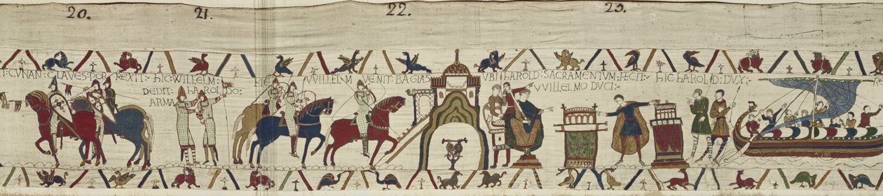 Hertug William tager imod Dinans nøgler og giver våben til Harold, der sværger troskab til William i Bayeux, Bayeux Tapestry af Unbekannt Unbekannt