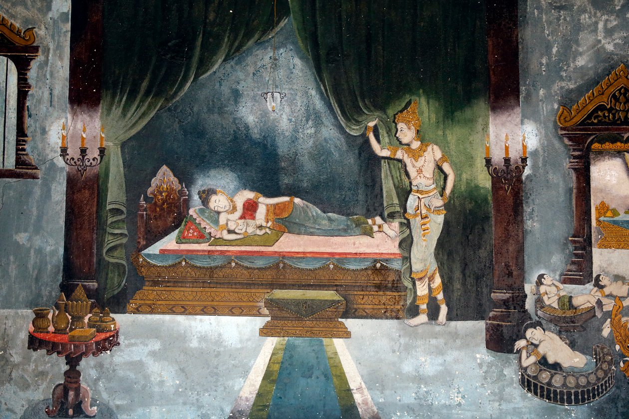 Fresko af en scene fra Buddhas liv i Wat Phra Doi Suthep, Chiang Mai. Buddha som prins Siddharta forlader sin kone og barn. Thailand. af Unbekannt Unbekannt
