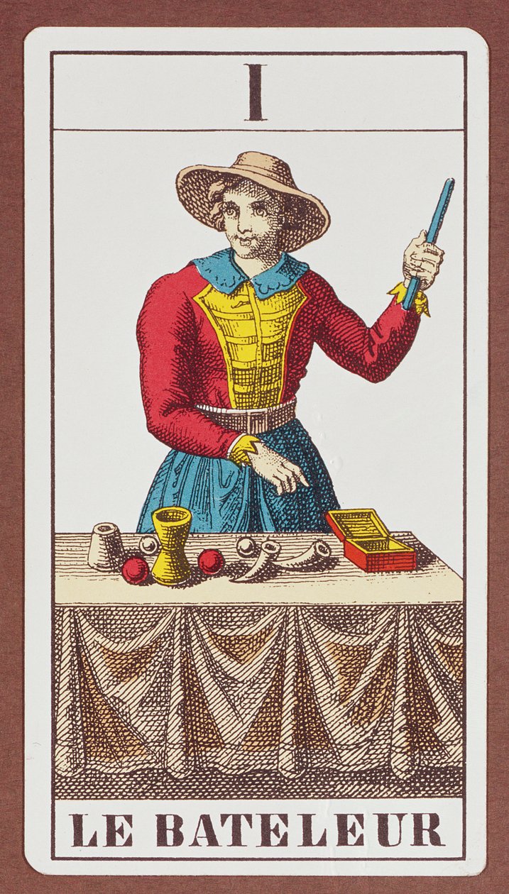 I The Magician, syv tarotkort fra forskellige pakker af Unbekannt Unbekannt