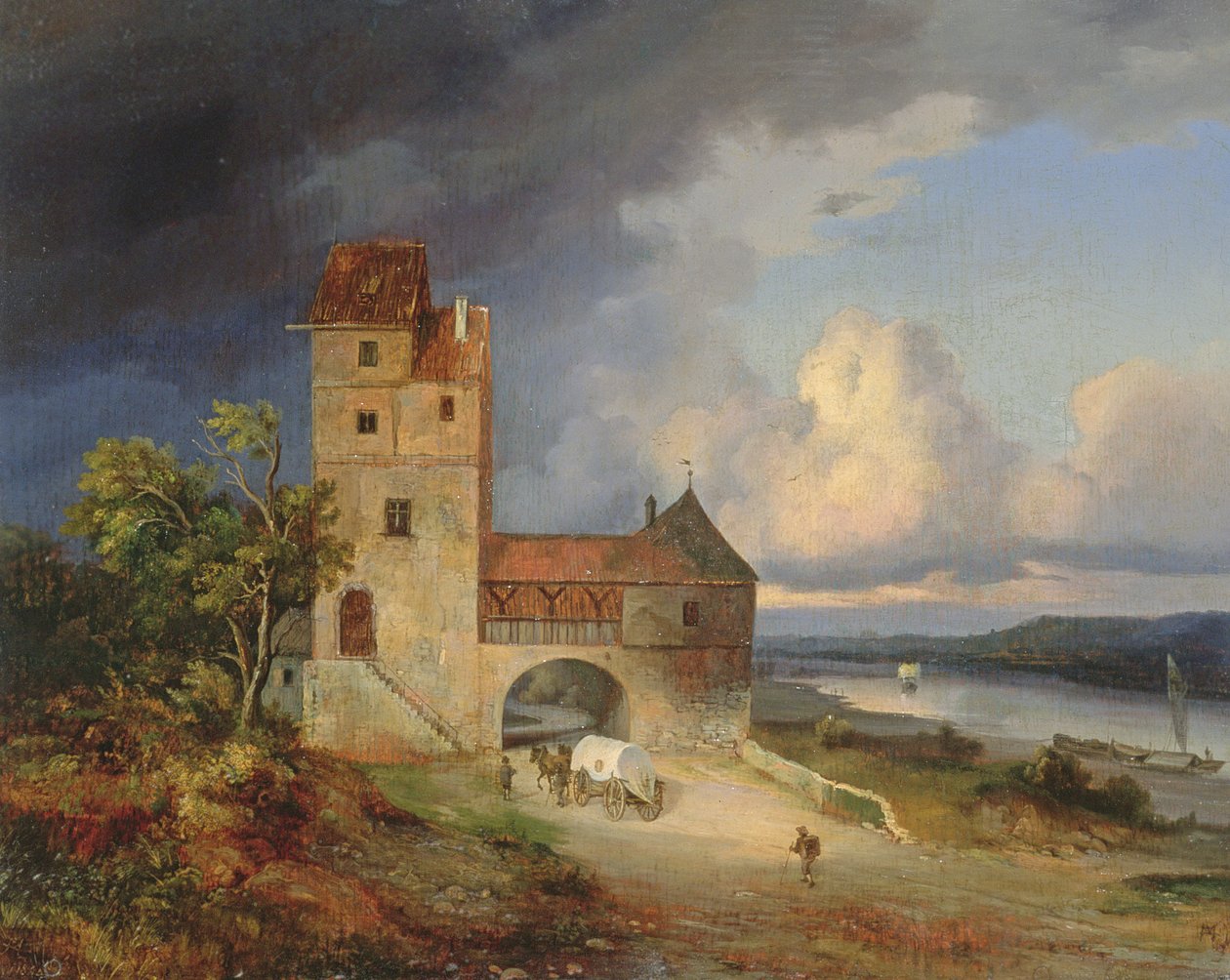 Landskab ved floden med tårnet og porten, 1844 af Unbekannt Unbekannt