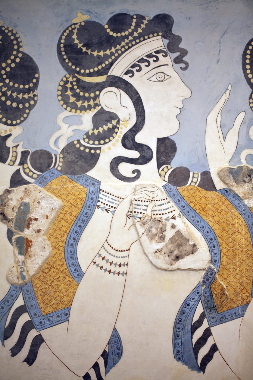 Minoisk kunst. Detaljer om "" Damer i blåt""" fresco. Sammensætning af rigt klædt og overdådigt besmykket kvindefigur afbildet mod en blå grund. På trods af sin fragmentariske tilstand transmitterer dette vægmaleri betydningen af overflod og velstand af Unbekannt Unbekannt