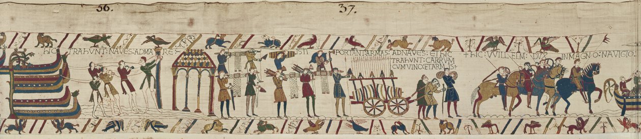 Normannere bærer våben til skibene og trækker en vogn fyldt med vin og våben, Bayeux-tapet af Unbekannt Unbekannt