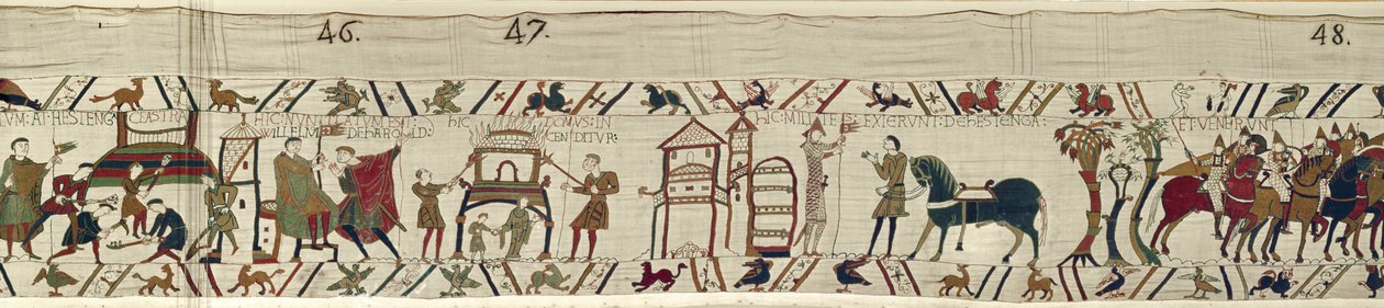 Normannerne bygger befæstninger ved Hastings og, da de hørte nyheder om Harold, satte de i kamp, Bayeux-tapetet af Unbekannt Unbekannt