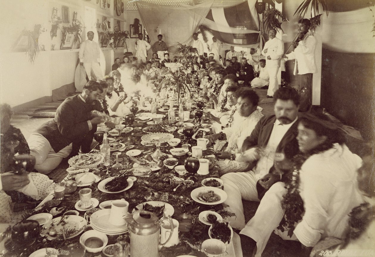 Kongelig banket i King Kalakanas bådehus, ca. 1875 af Unbekannt Unbekannt