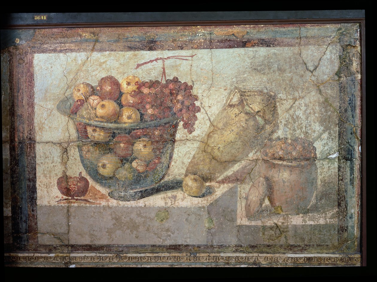 Stilleben med skåle med frugt og vinkrukke, fra "Casa di Giulia Felice" af Unbekannt Unbekannt
