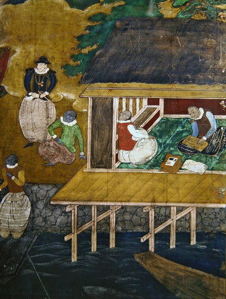 Portugisernes ankomst til Japan, detalje af et hus på pæle, fra en Namban Byobu-skærm, 1594-1618 af Unbekannt Unbekannt