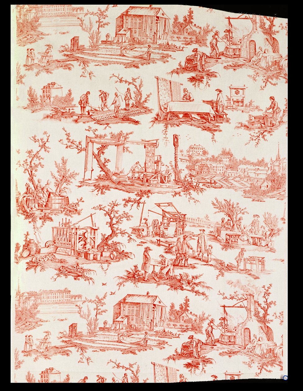 Toile de Jouy, der illustrerer processerne ved fremstilling af bomuld, designet af Christophe Huet, fransk, 1783 af Unbekannt Unbekannt