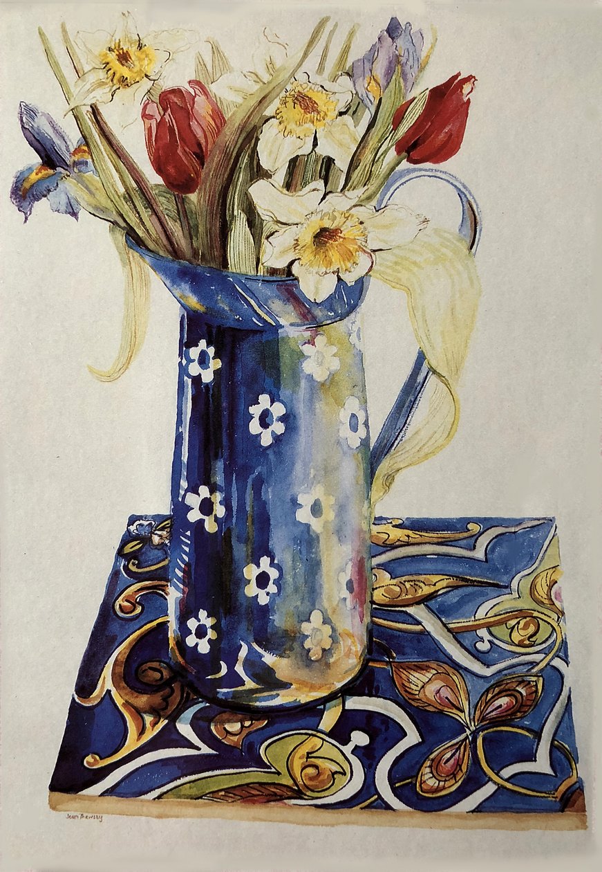 Tulipaner, Iris og Narcissus i en blå emaljekande med en italiensk flise, af Unbekannt Unbekannt