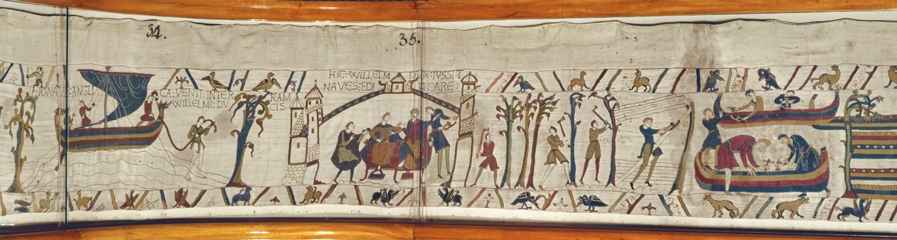 Da hertug William hører om Harolds kroning, beordrer han, at skibe skal bygges som forberedelse til invasion, Bayeux Tapestry af Unbekannt Unbekannt
