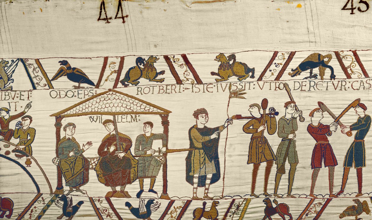 William beordrer sammen med Robert de Mortain og biskop Odo, at der skal bygges befæstninger i Hastings, Bayeux Tapestry af Unbekannt Unbekannt