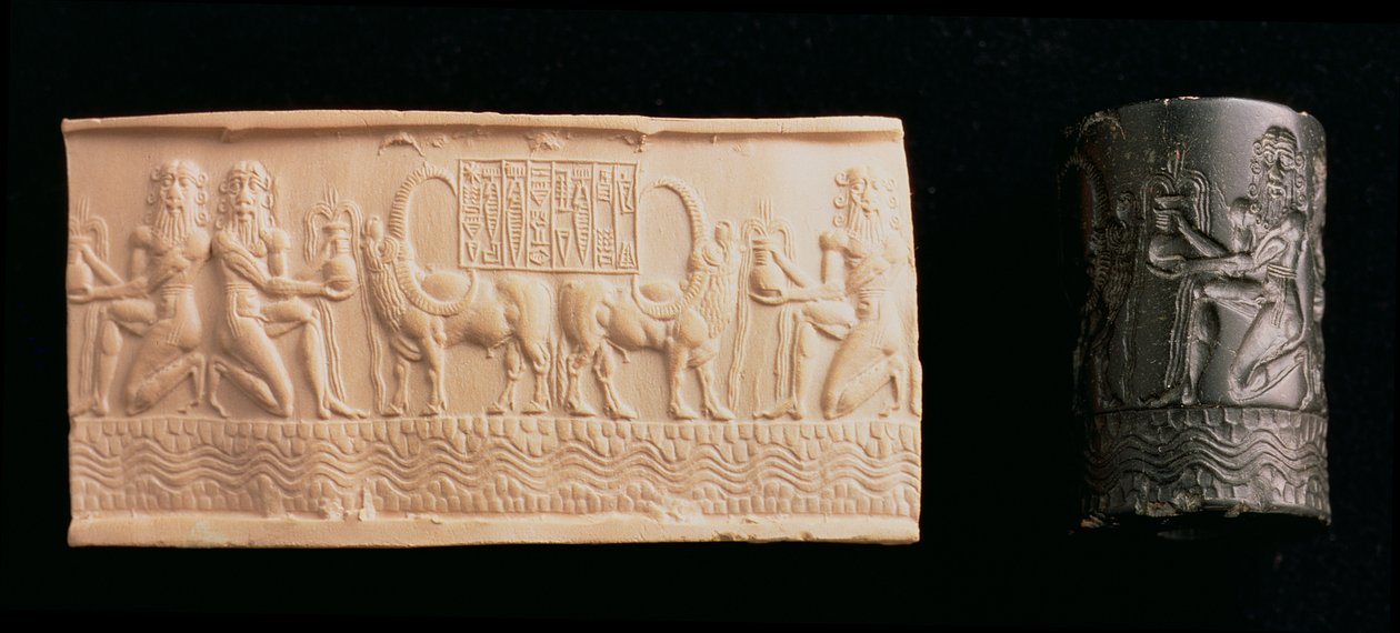 00326 Cylinder segl af Shar-kali-sharri, konge af Akkad, Mesopotamien, ca. 2340-2100 f.Kr. (sort marmor) af Unbekannt