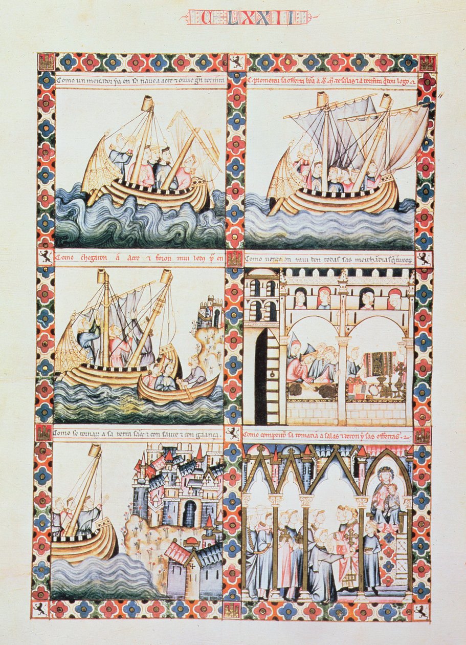 102-0625868/1 A Journey to Acre, illustrationer til Cantiga 172, en af 420 musikalske kompositioner, der fortæller om Jomfruens mirakler, skrevet på galicisk for Alfonso X 