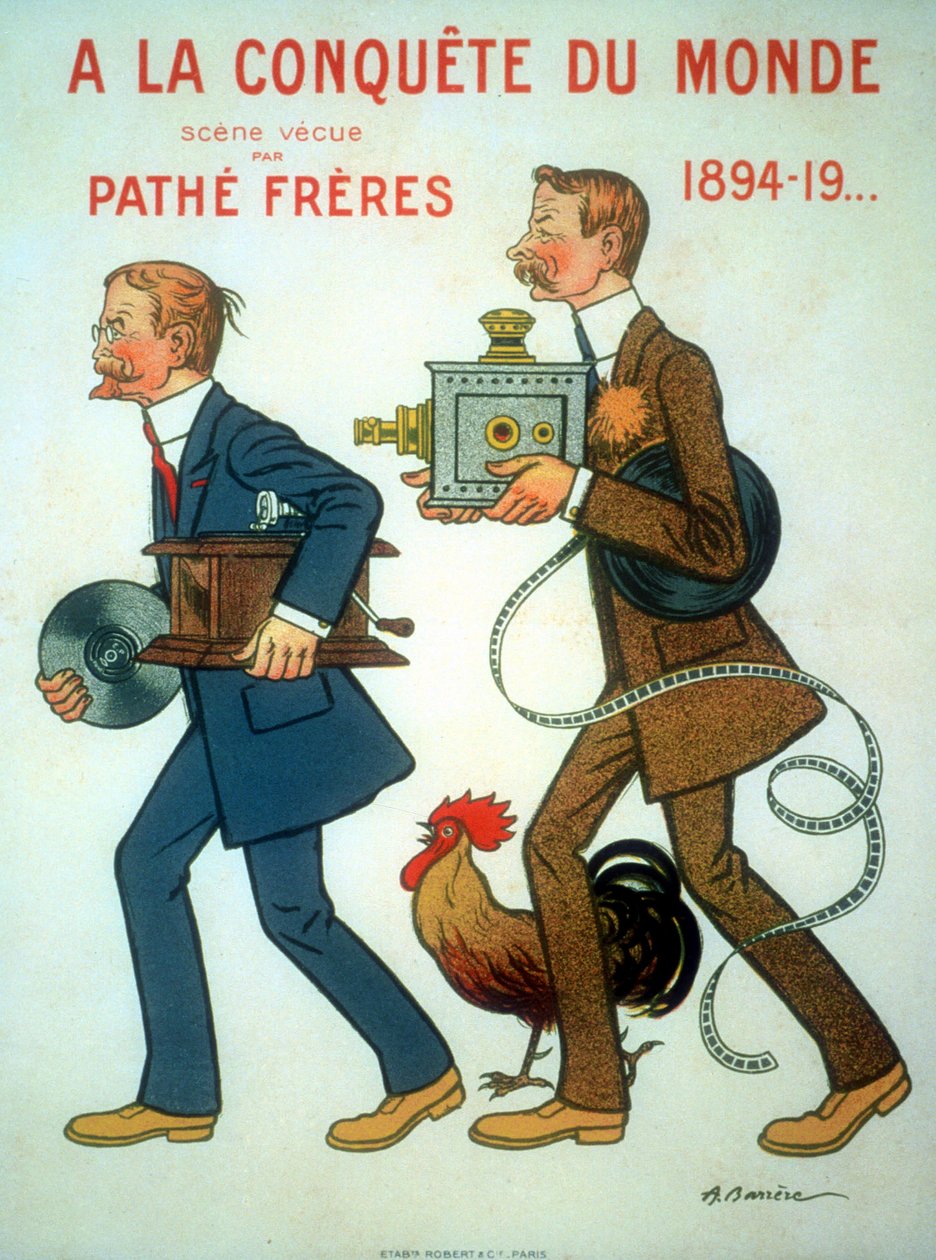 1898 plakat af Adrien Barrere for brødrene Charles Pathe (1863-1957) og Emile Pathe (1860-1937) franske ingeniører, biografproducenter, her med hanen (deres symbol), projektor og fonograf af Unbekannt
