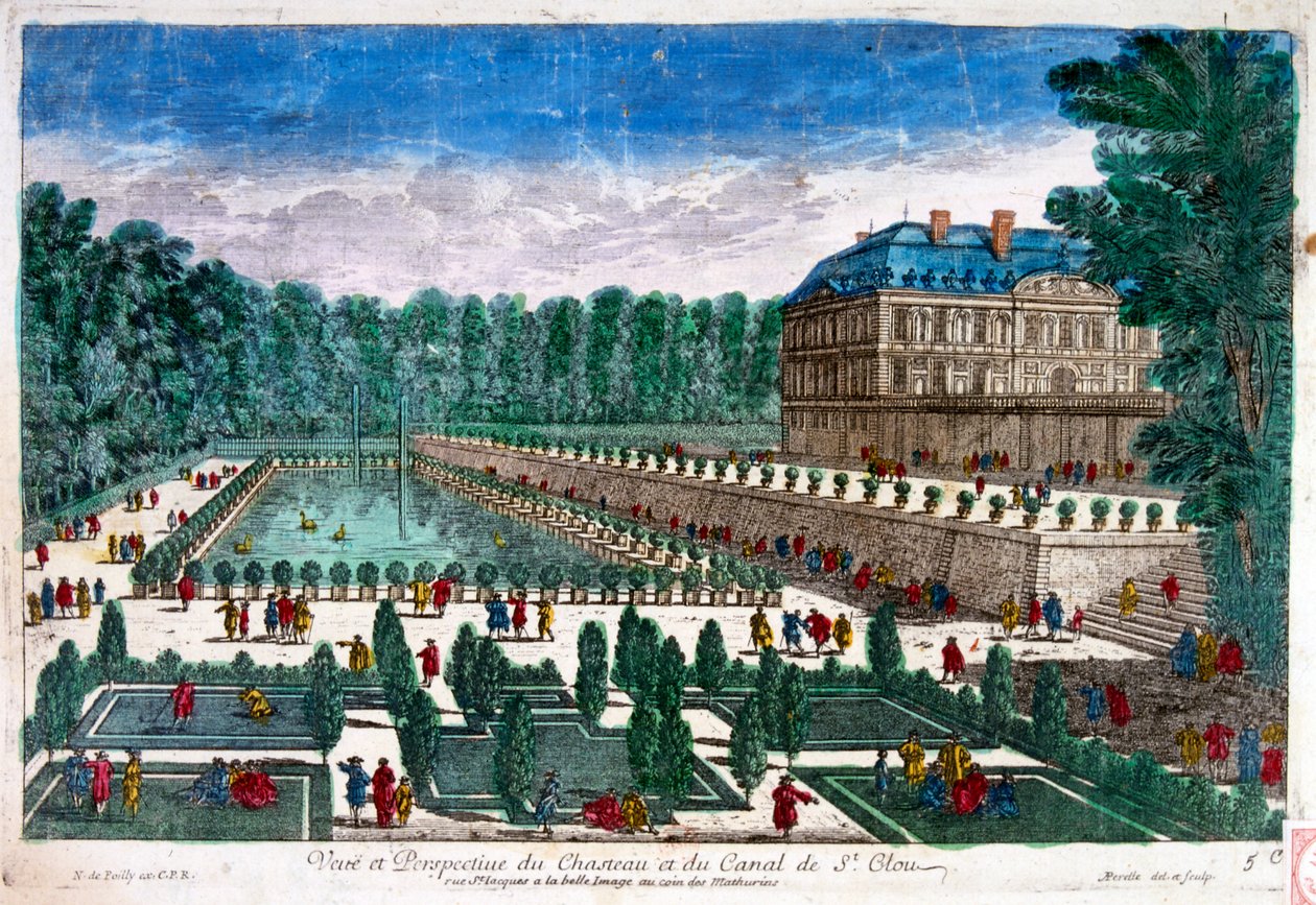 18. århundrede, Illustration, der viser Château de Saint-Cloud, et palads i Frankrig, ved Saint-Cloud i Hauts-de-Seine, vest for Paris. Slottet blev udvidet af Phillipe af Frankrig, hertug af Orléans i det 17. århundrede, og til sidst udvidet af Marie Anto af Unbekannter Künstler