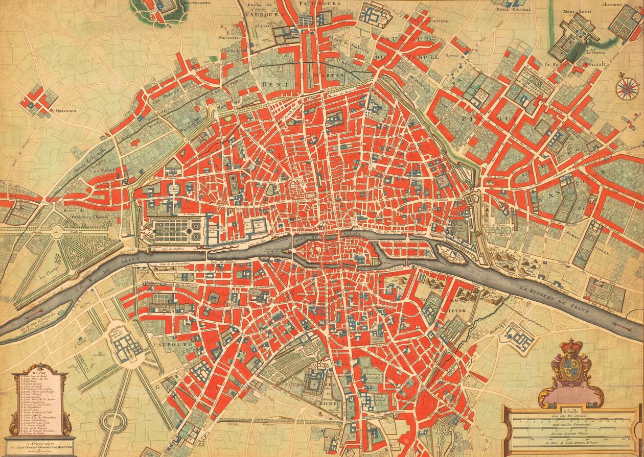 Kort over Paris, Frankrig, fra det 18. århundrede. (print) af Unbekannter Künstler