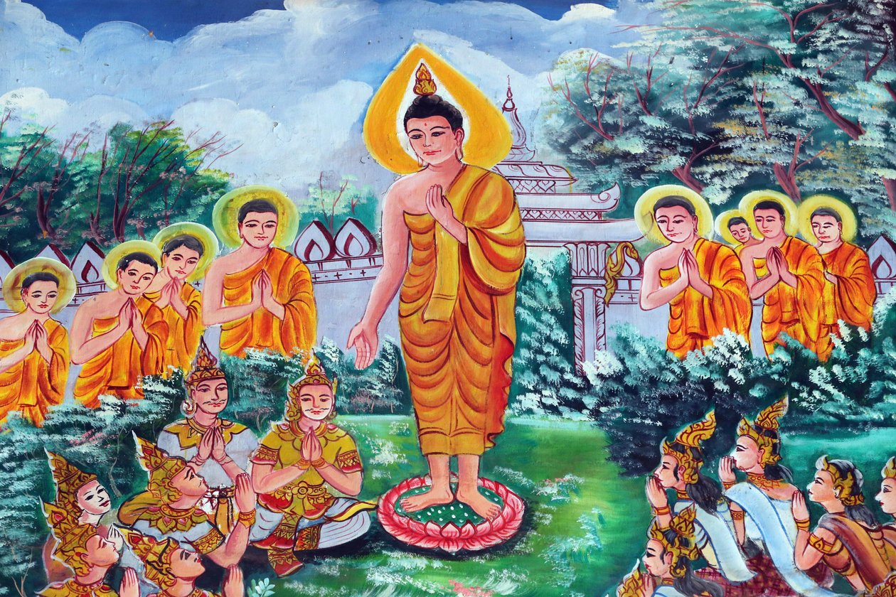 20151029, Vientiane, Laos: Wat Inpeng buddhisttempel. Maleri, der skildrer Shakyamuni Buddhas livshistorie af Unbekannt