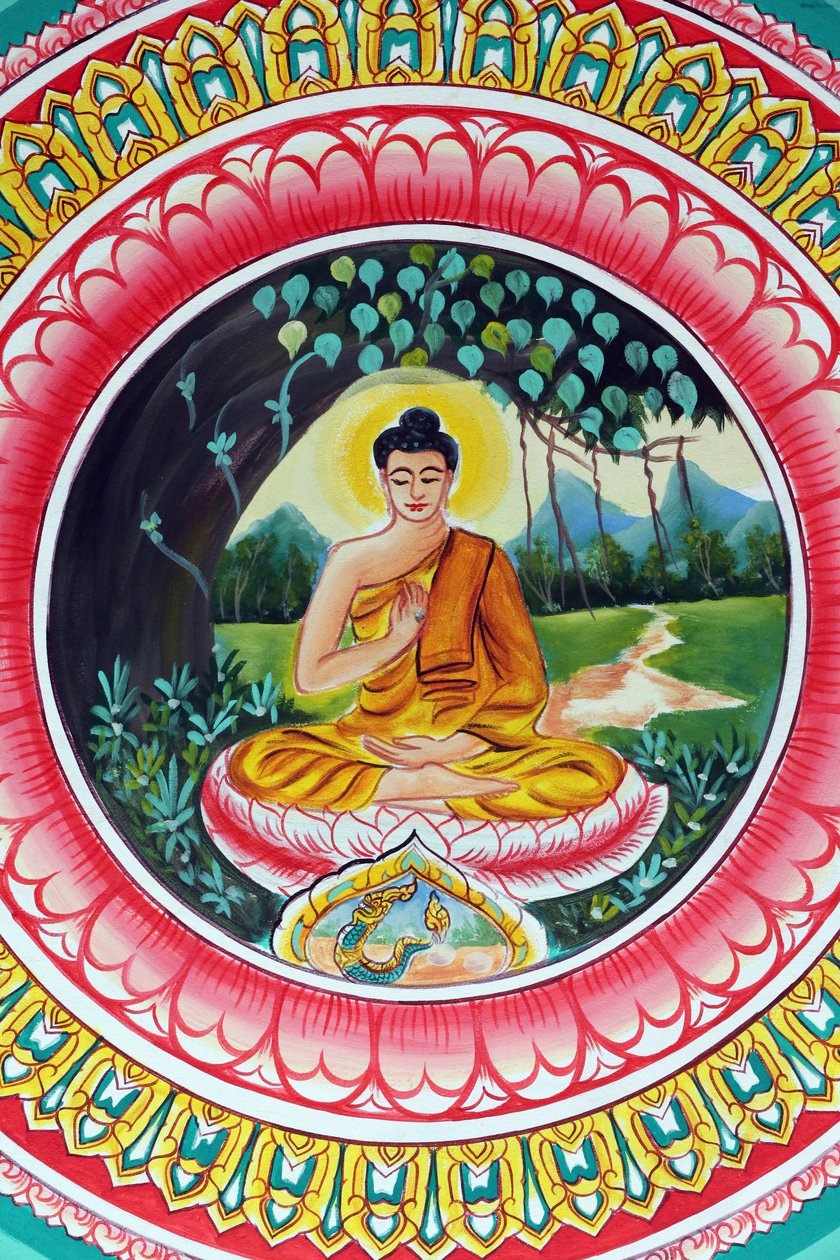 20151029, Vientiane, Laos: Wat Inpeng buddhisttempel. Maleri, der skildrer Shakyamuni Buddhas livshistorie. The Teaching Buddha skildrer et bestemt øjeblik i Buddhas liv, nemlig den første prædiken Buddha holdt efter at have nået oplysningen af Unbekannt