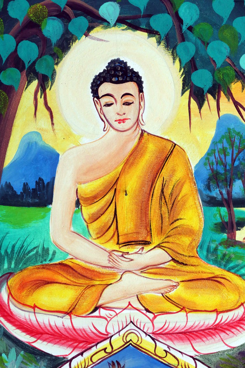 20151029, Vientiane, Laos: Wat Inpeng buddhisttempel. Maleri, der skildrer Shakyamuni Buddhas livshistorie. Buddha sidder i meditationsstilling af Unbekannt