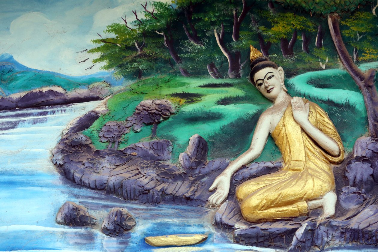 20151029, Vientiane, Laos: Wat Inpeng buddhisttempel. Maleri, der skildrer Shakyamuni Buddhas livshistorie. Badning i floden af Unbekannt