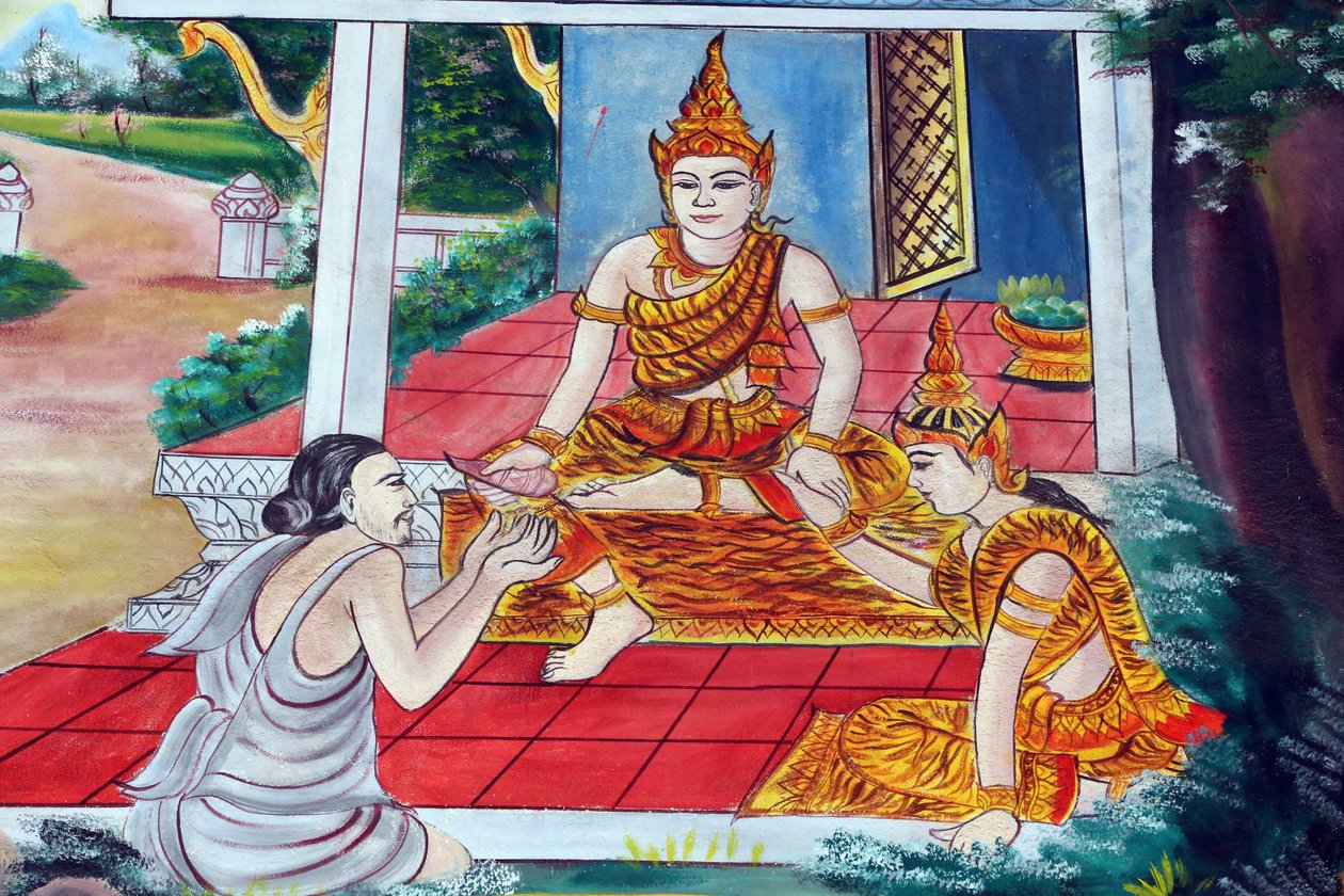 20151029, Vientiane, Laos: Wat Inpeng buddhisttempel. Jataka-fortællingerne er fortællinger om Buddhas tidligere liv (det vil sige før han blev født for sidste gang til at blive Buddha) af Unbekannt