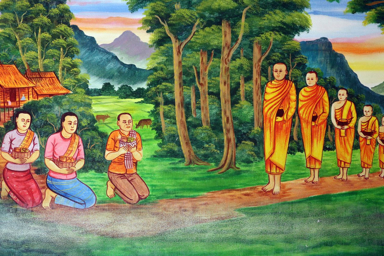 20151029, Vientiane, Laos : Wat Si Muang ( Simuong) buddhistisk tempel. Maleri, der skildrer Shakyamuni Buddhas livshistorie af Unbekannt