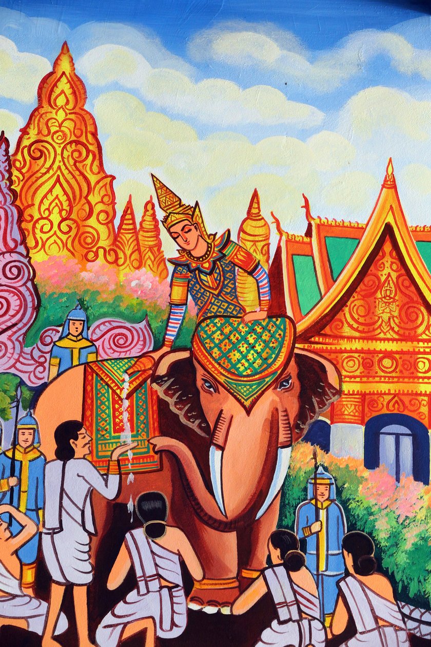 20151029, Vientiane, Laos : Wat Si Muang ( Simuong) buddhistisk tempel. Maleri, der skildrer Shakyamuni Buddhas livshistorie af Unbekannt