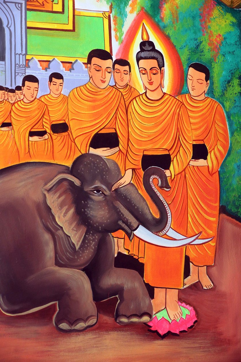 20151029, Vientiane, Laos: Wat Si Muang (Simuong) buddhisttempel. Maleri, der skildrer Shakyamuni Buddhas livshistorie. En vild elefant tæmmet af kærlig venlighed af Unbekannt