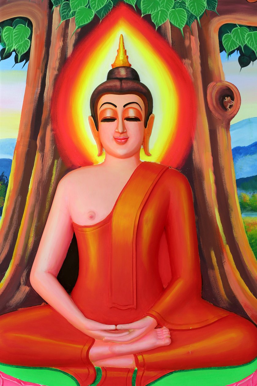 20151030, Vientiane, Laos: Wat Si Muang (Simuong) buddhisttempel. Maleri, der skildrer Shakyamuni Buddhas livshistorie. Buddha sidder i meditationsstillingen under Bodhi-træet af Unbekannt