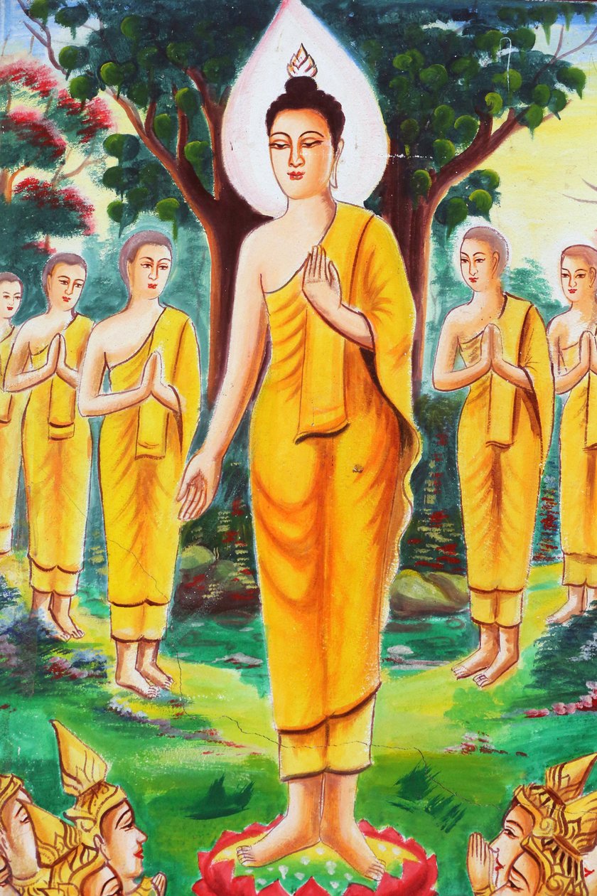 20151102, Vang Vieng, Laos: Maleri, der skildrer Shakyamuni Buddhas livshistorie. Buddha viede sig til undervisning og tiltrak hundredvis af tilhængere af Unbekannt