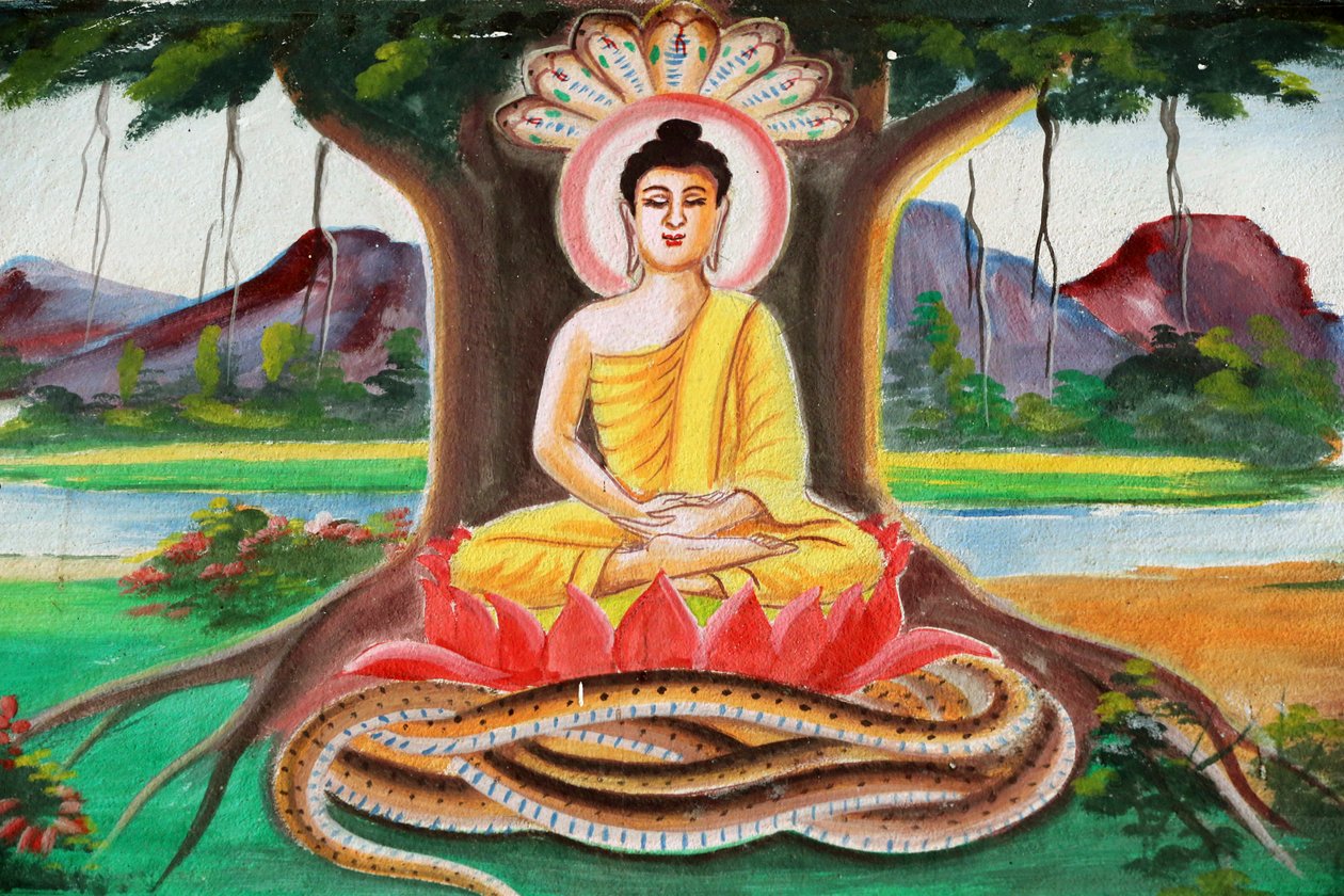 20151102, Vang Vieng, Laos: Maleri, der skildrer Shakyamuni Buddhas livshistorie. Buddha sidder i meditationsstillingen under Bodhi-træet af Unbekannt