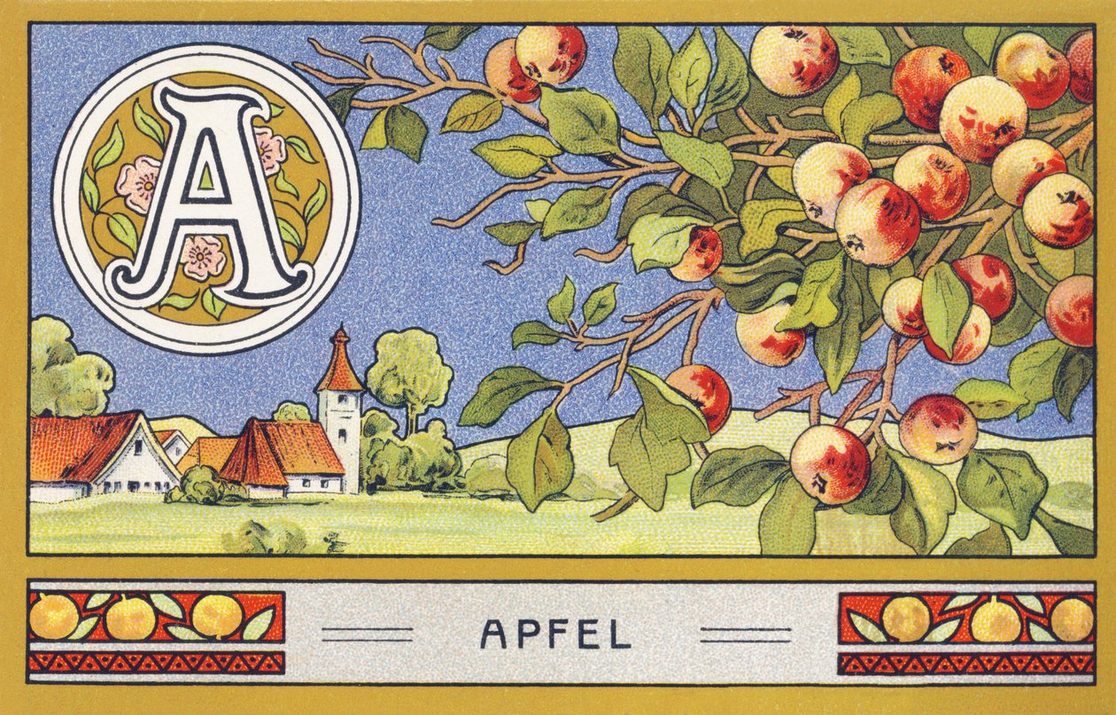 A: Æble - Alfabet Palmine. Serie af kromolitografier redigeret af H. Schlinck & Cie, Hamburg, s. d. . Annonce for Palmins fineste kokosfedt. Mål: 7 x 11 cm af Unbekannter Künstler