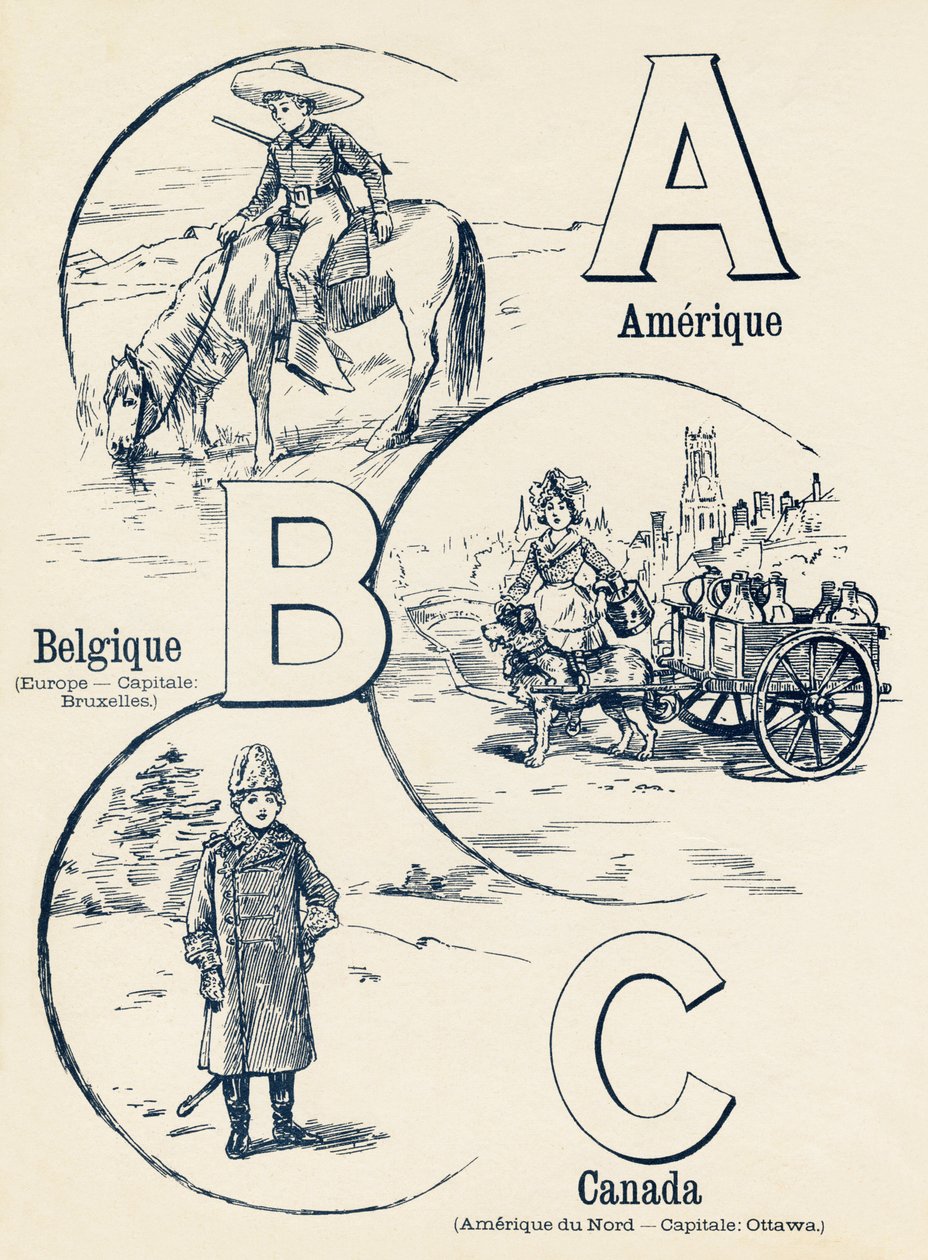 A B C: Amerika, Belgien, Canada - ABC af de to verdener. Emile Guerin, forlag, Paris, omkring 1900. Mål: 27,5 x 21,5 cm af Unbekannt