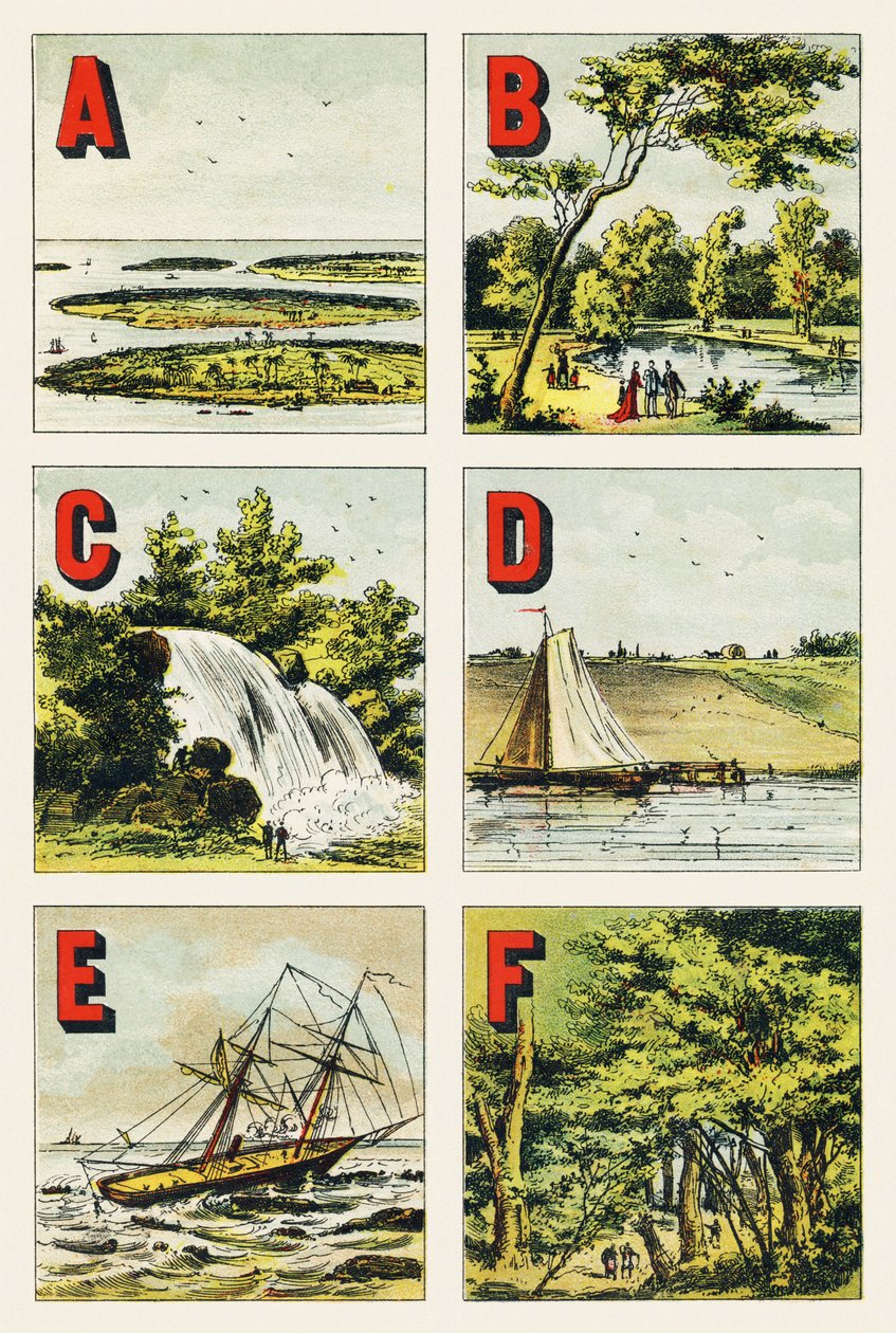 A B C D E F: øgruppe, Bois de Boulogne, vandfald, dige, rev, skov i Fontainebleau - Indgravering udtrukket fra det geografiske alfabet. Guerin-Muller et Cie, forlag, Paris af Unbekannt