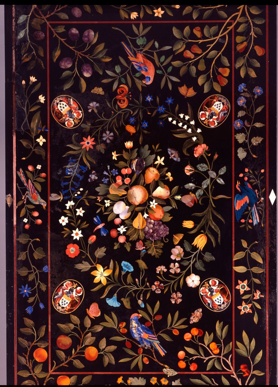 En florentinsk pietra dura bordplade indlagt med forskellige marmor og lapis lazuli centreret af en udstilling af frugt, ca. 1670 af Unbekannt