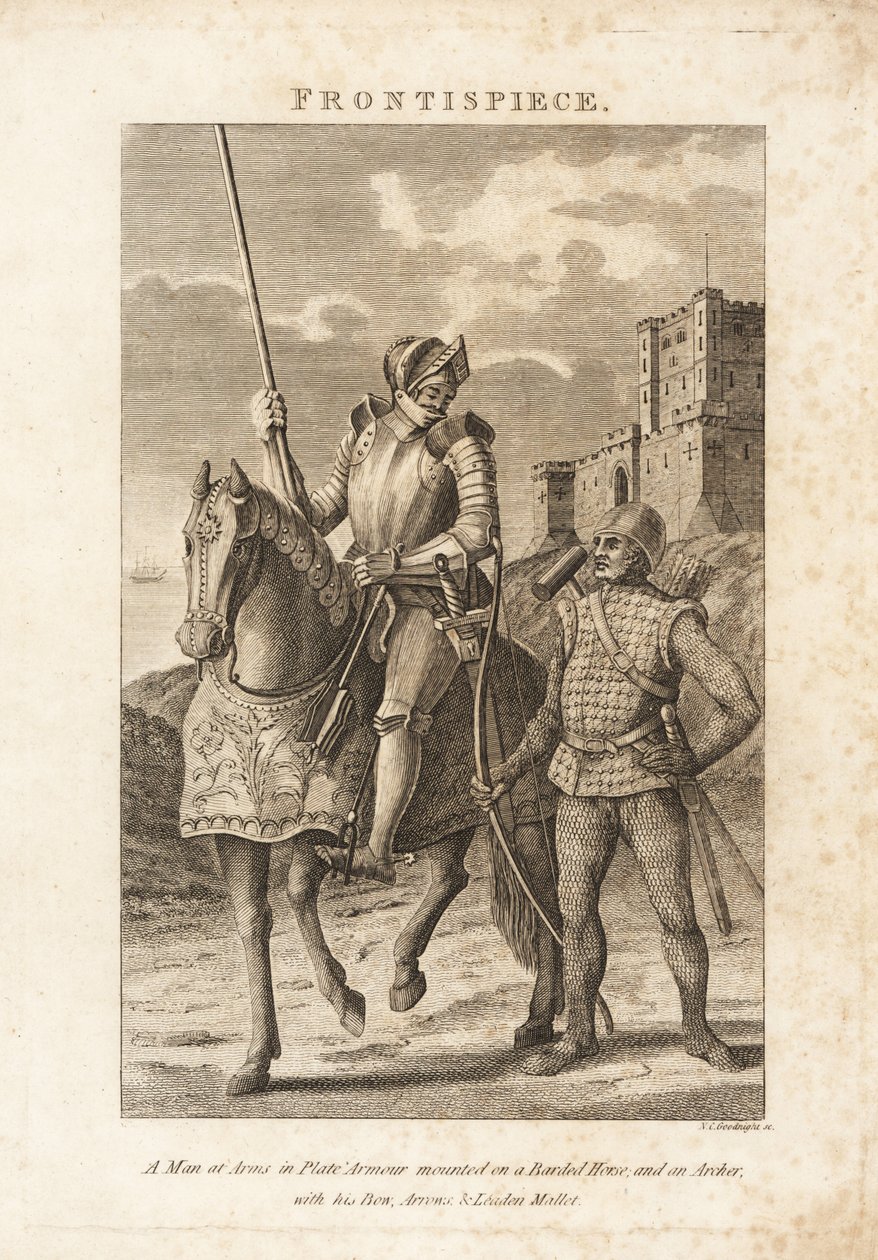 A Man at Arms i pladerustning monteret på en barderet hest og en bueskytte i ringbrynje med sin bue, pile og blyholdige hammer af Unbekannt