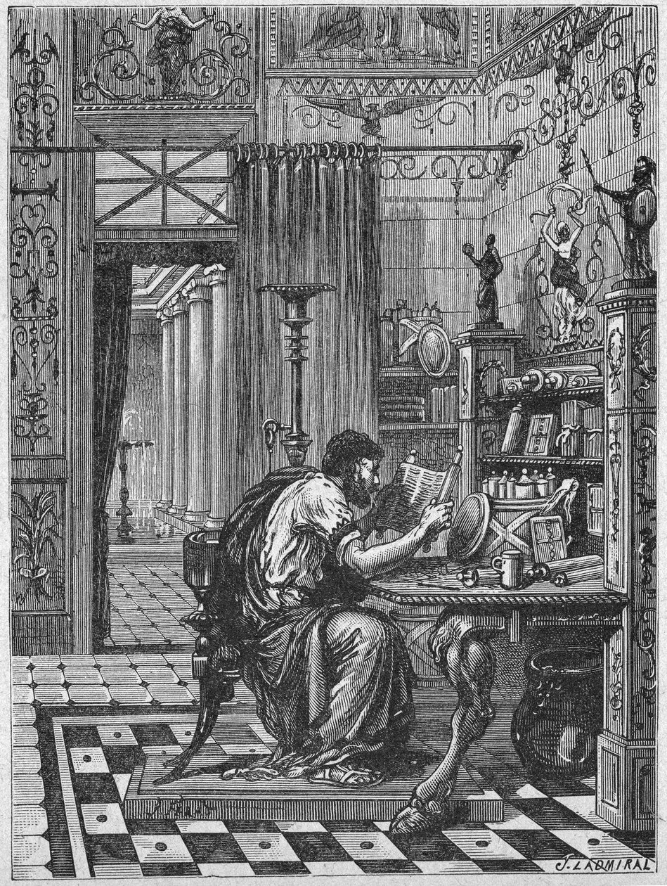 En romer i sit bibliotek, ca. 1880 (Kobberstik) af Unbekannter Künstler