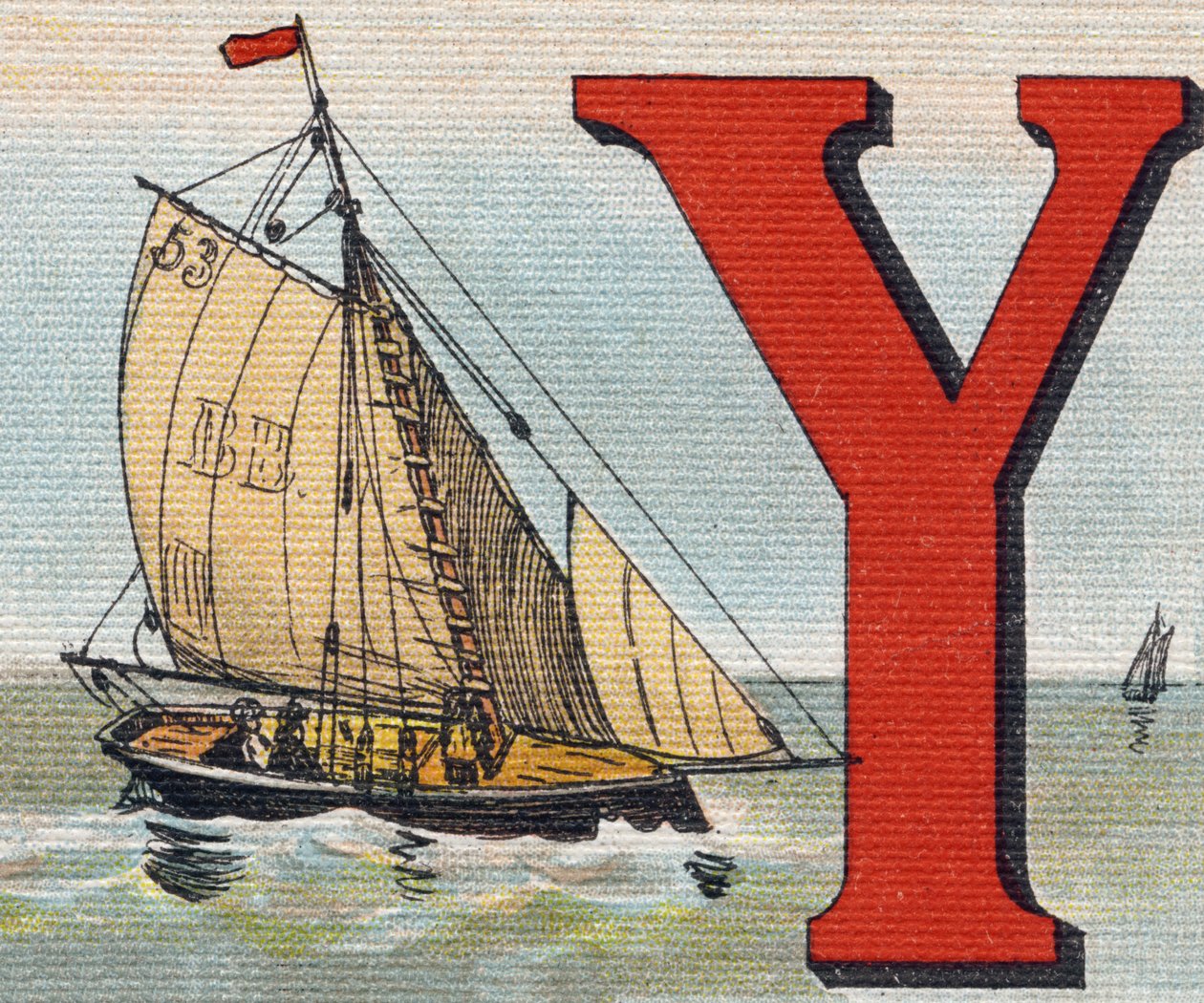En Yacht. Indgravering i "Alphabet de ma petite fille". Bernardin-Bechet og Fils, boghandler-forlag, Paris, omkring 1895. Ubrydeligt album på lærred. Bibliotheque des Bebes. 12 sider. Album indeholdende en læsemetode og et illustrativt abecedarium. Svag: af Unbekannt