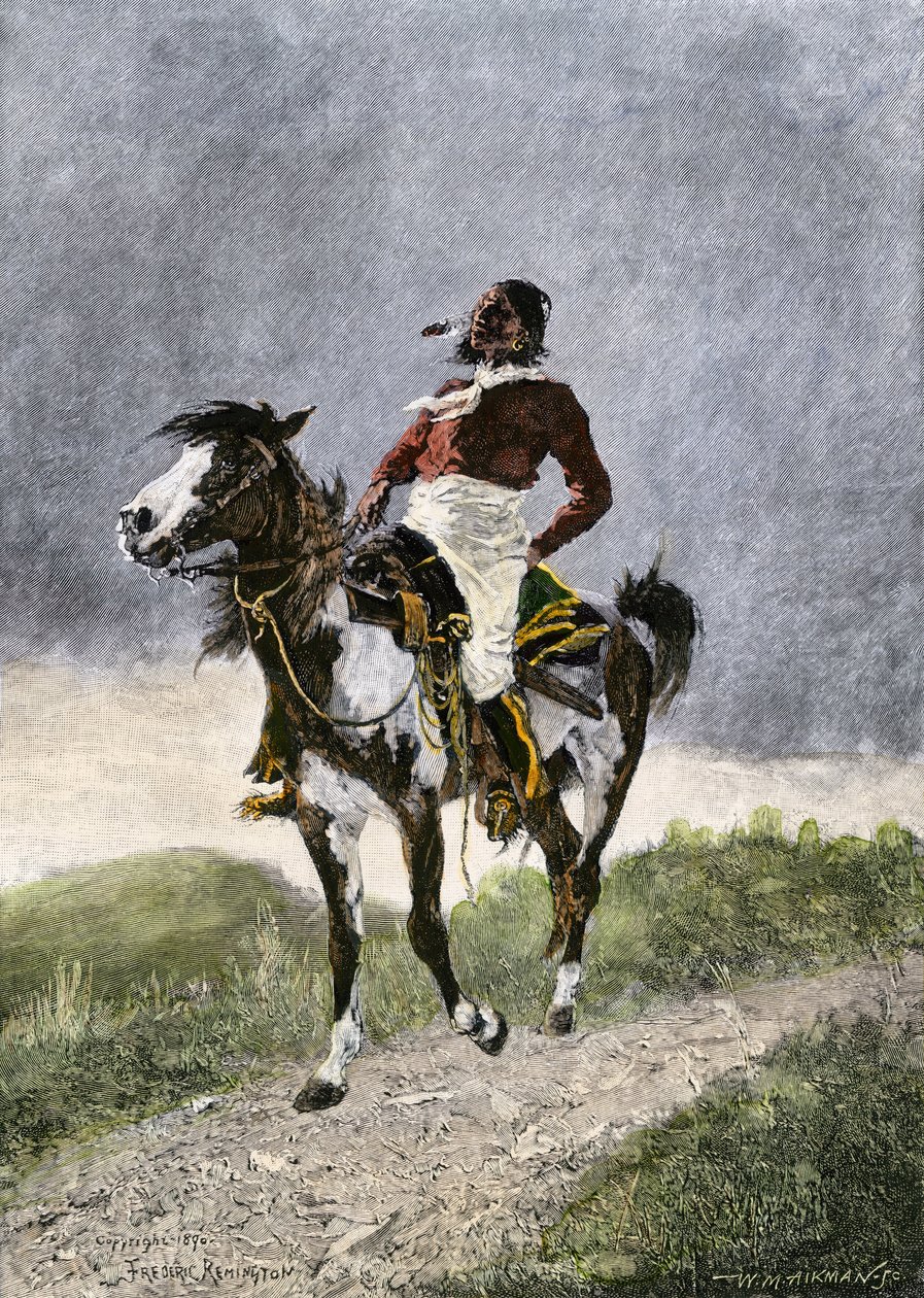 En modig comanche, der rejser på hesteryg på den sydlige prærie (Texas, Oklahoma, USA), omkring 1800. Litografi af Unbekannter Künstler